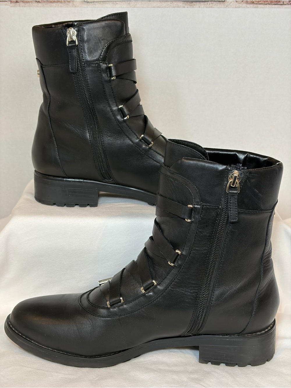 Tahari TA Jude Black Leather Moto Combat Boots Womens Size 10 Strappy Biker
